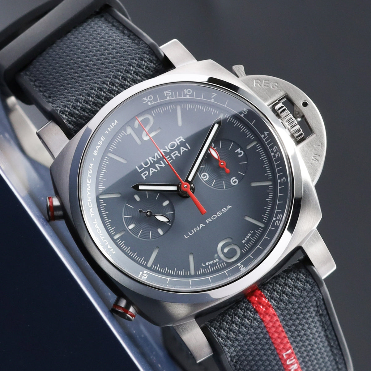 Panerai Luminor 2025 Complete 44mm Titanium Grey with Blue and Red Accents Dial Titanium Bezel Blue Textile Strap PAM01654