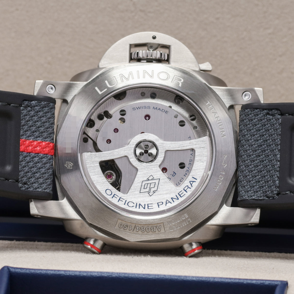 Panerai Luminor 2025 Complete 44mm Titanium Grey with Blue and Red Accents Dial Titanium Bezel Blue Textile Strap PAM01654