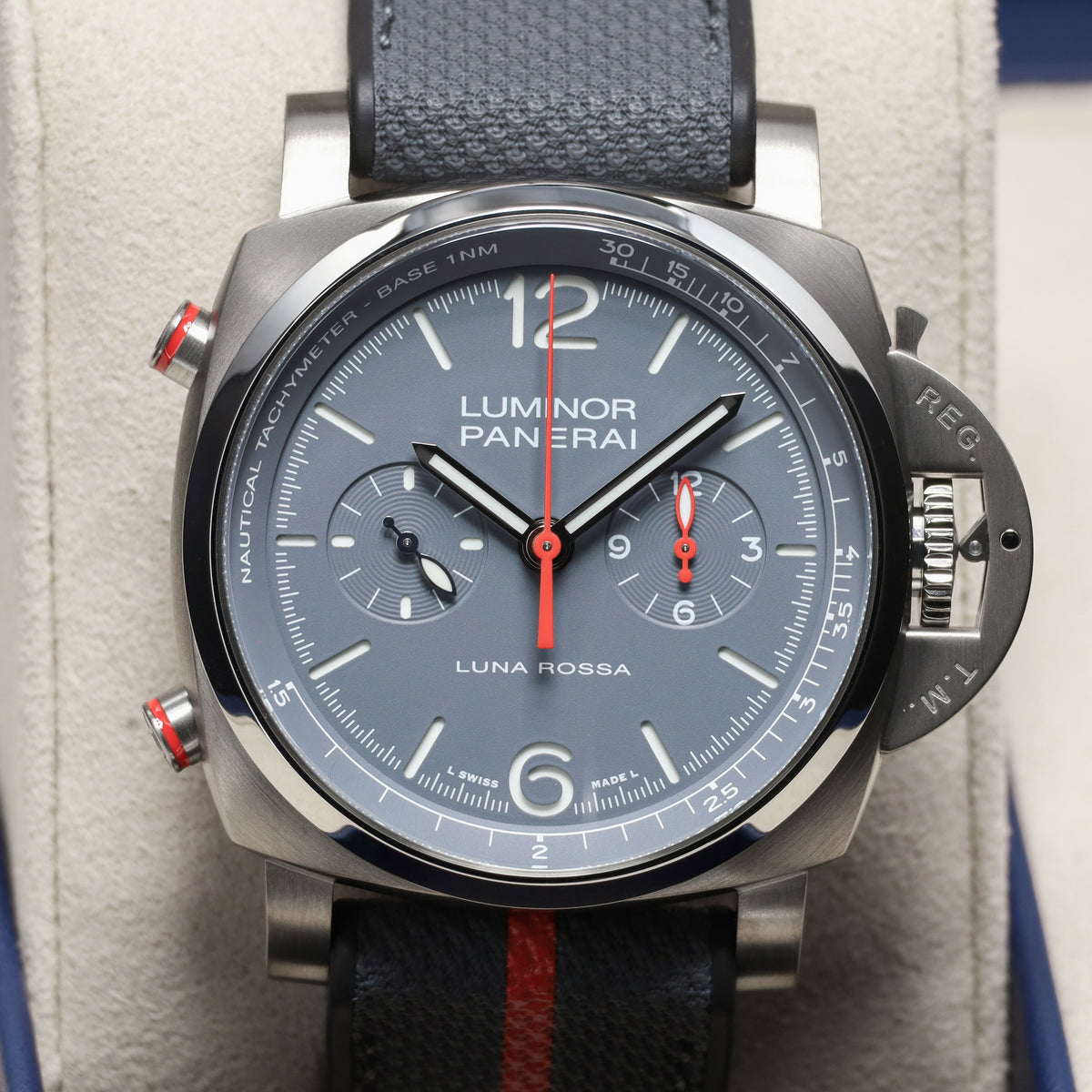 Panerai Luminor 2025 Complete 44mm Titanium Grey with Blue and Red Accents Dial Titanium Bezel Blue Textile Strap PAM01654