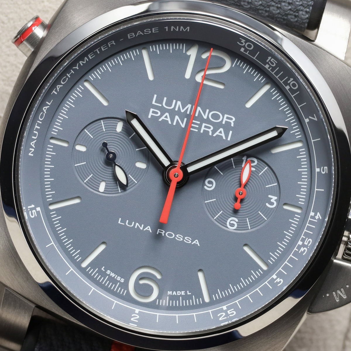 Panerai Luminor 2025 Complete 44mm Titanium Grey with Blue and Red Accents Dial Titanium Bezel Blue Textile Strap PAM01654