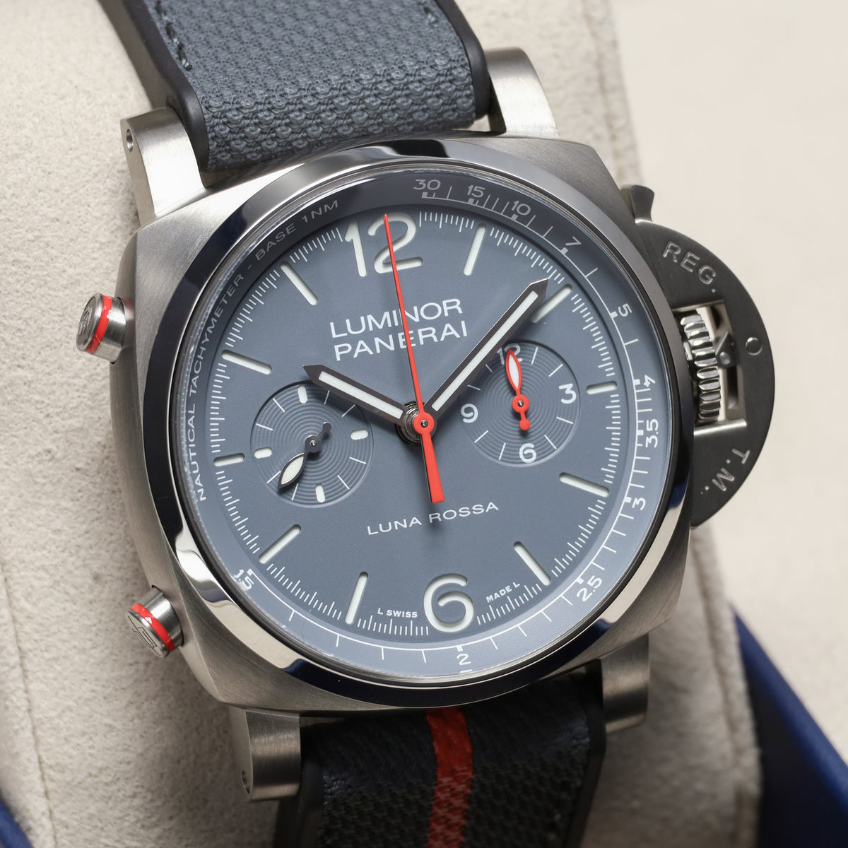 Panerai Luminor 2025 Complete 44mm Titanium Grey with Blue and Red Accents Dial Titanium Bezel Blue Textile Strap PAM01654