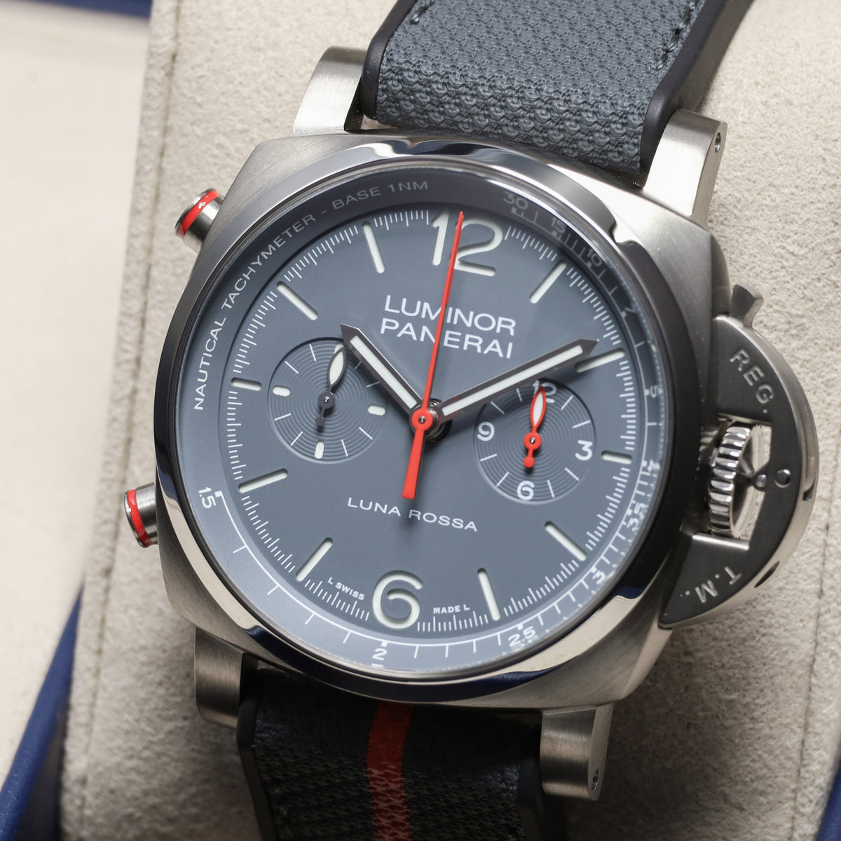 Panerai Luminor 2025 Complete 44mm Titanium Grey with Blue and Red Accents Dial Titanium Bezel Blue Textile Strap PAM01654