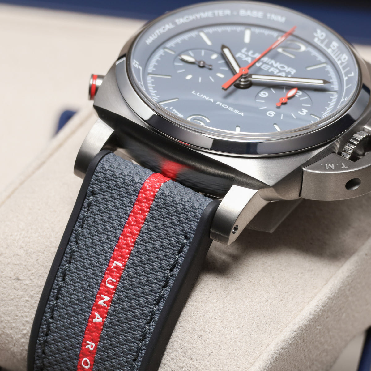 Panerai Luminor 2025 Complete 44mm Titanium Grey with Blue and Red Accents Dial Titanium Bezel Blue Textile Strap PAM01654