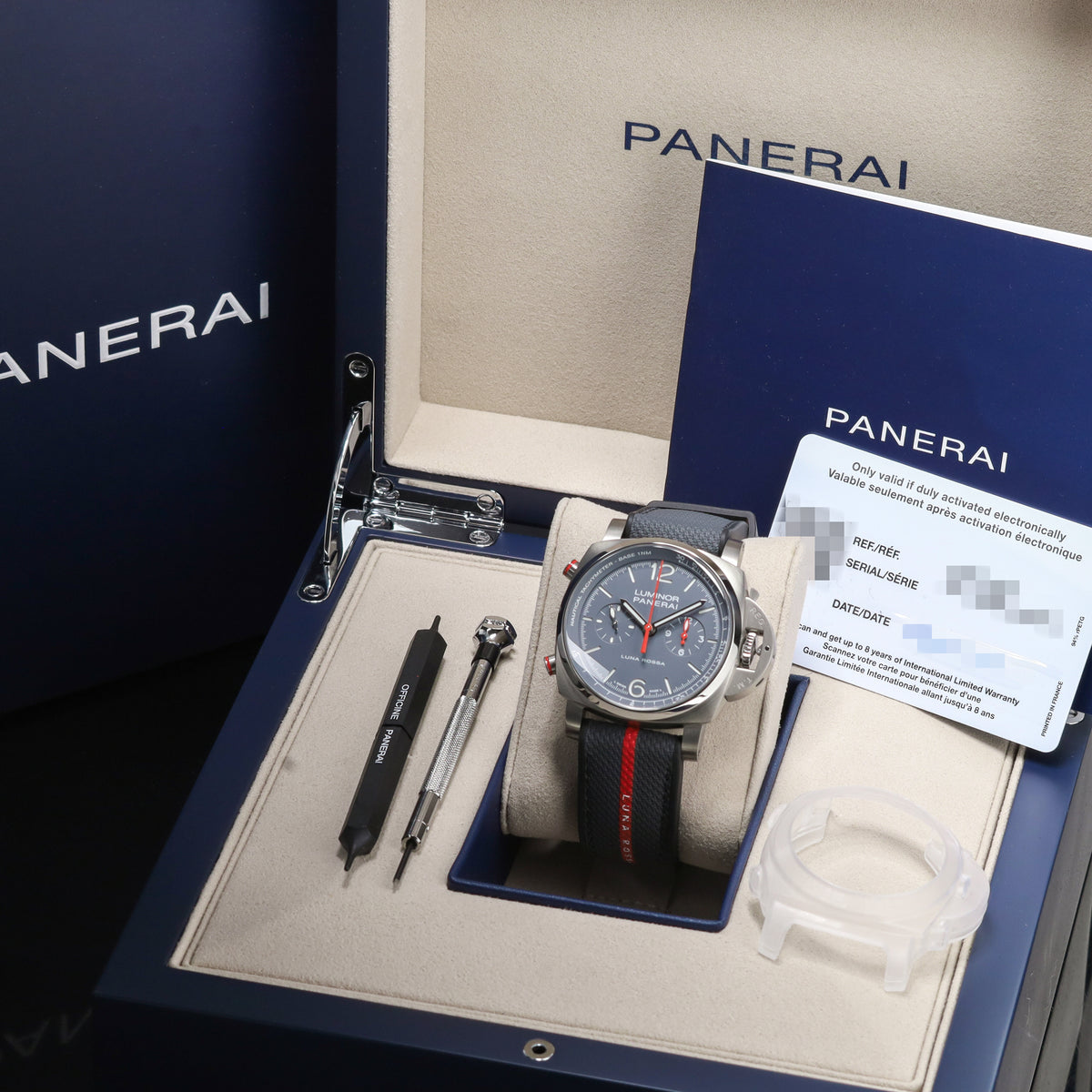 Panerai Luminor 2025 Complete 44mm Titanium Grey with Blue and Red Accents Dial Titanium Bezel Blue Textile Strap PAM01654