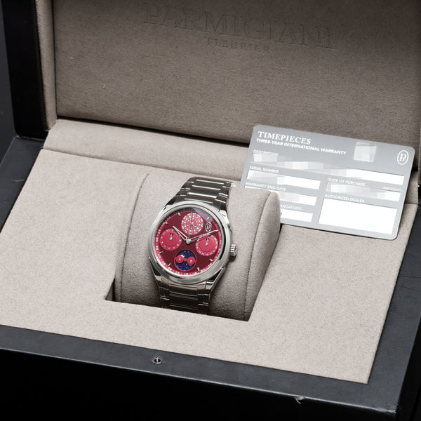 Parmigiani Fleurier Tonda 2025 Complete 42mm PF Xiali Chinese Calendar Stainless Steel and 950 Platinum Imperial Red Dial 950 Platinum Knurled Bezel Stainless Steel Bracelet with Folding Clasp PFH982-1022401-100182