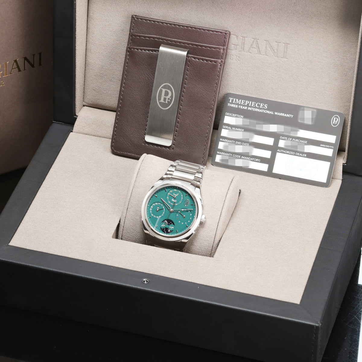 Parmigiani Fleurier Tonda 2025 Complete 42mm Tonda Teal Dial Perpetual Calendar Stainless Steel and 950 Platinum Viridian Green 950 Platinum Knurled Bezel Steel Bracelet with Folding Clasp PFH983-1020001-100182