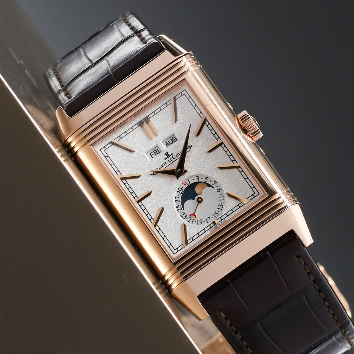 JLC Reverso 2021 Complete 49.4mm 18k Rose Gold Silvered Front Dial 18k Rose Gold Bezel Brown Alligator Leather Strap Q3912420