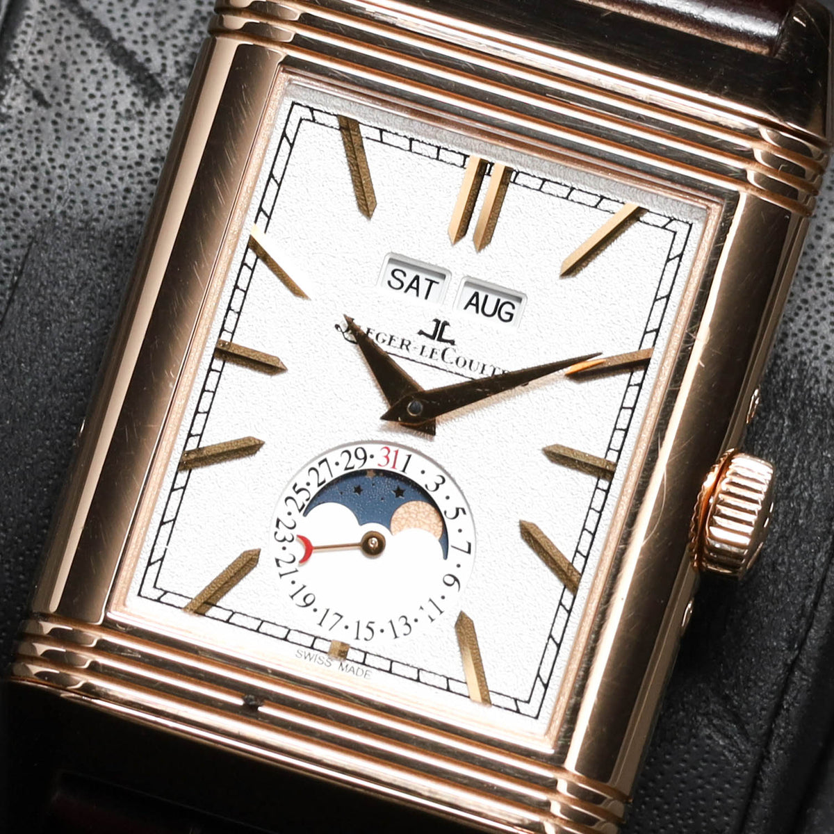 JLC Reverso 2021 Complete 49.4mm 18k Rose Gold Silvered Front Dial 18k Rose Gold Bezel Brown Alligator Leather Strap Q3912420