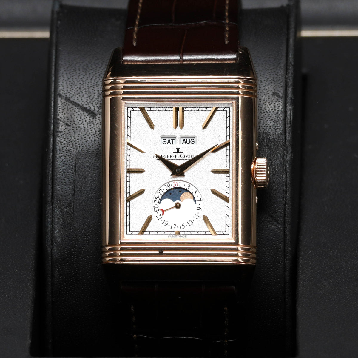 JLC Reverso 2021 Complete 49.4mm 18k Rose Gold Silvered Front Dial 18k Rose Gold Bezel Brown Alligator Leather Strap Q3912420