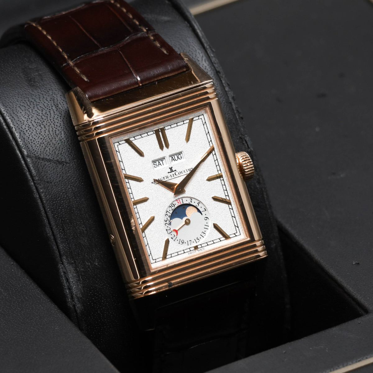 JLC Reverso 2021 Complete 49.4mm 18k Rose Gold Silvered Front Dial 18k Rose Gold Bezel Brown Alligator Leather Strap Q3912420