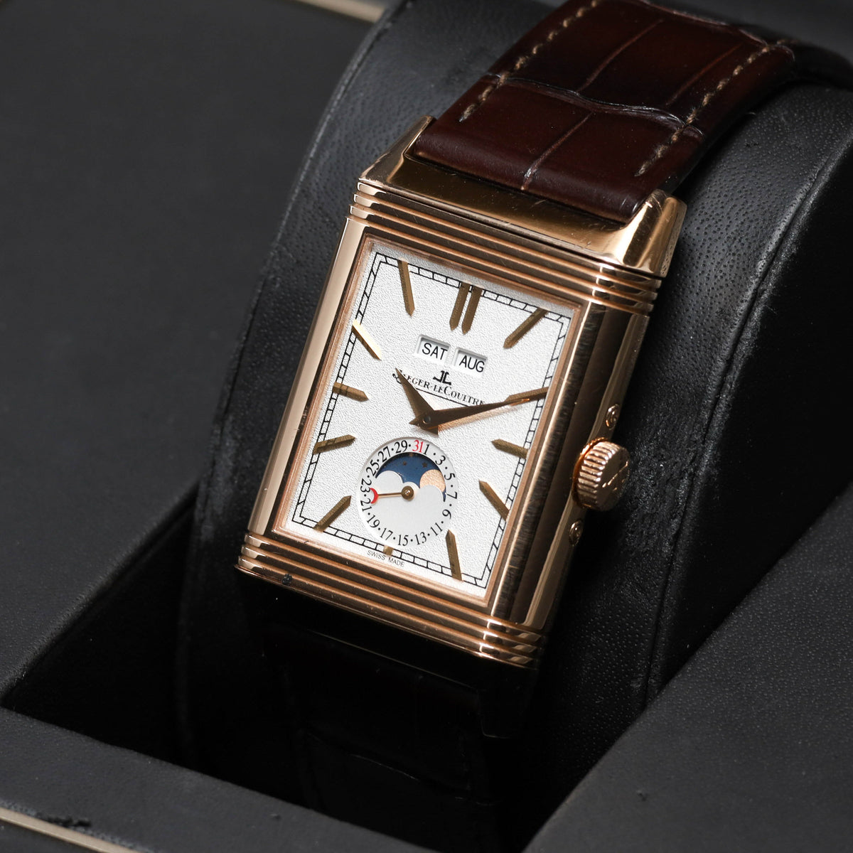 JLC Reverso 2021 Complete 49.4mm 18k Rose Gold Silvered Front Dial 18k Rose Gold Bezel Brown Alligator Leather Strap Q3912420