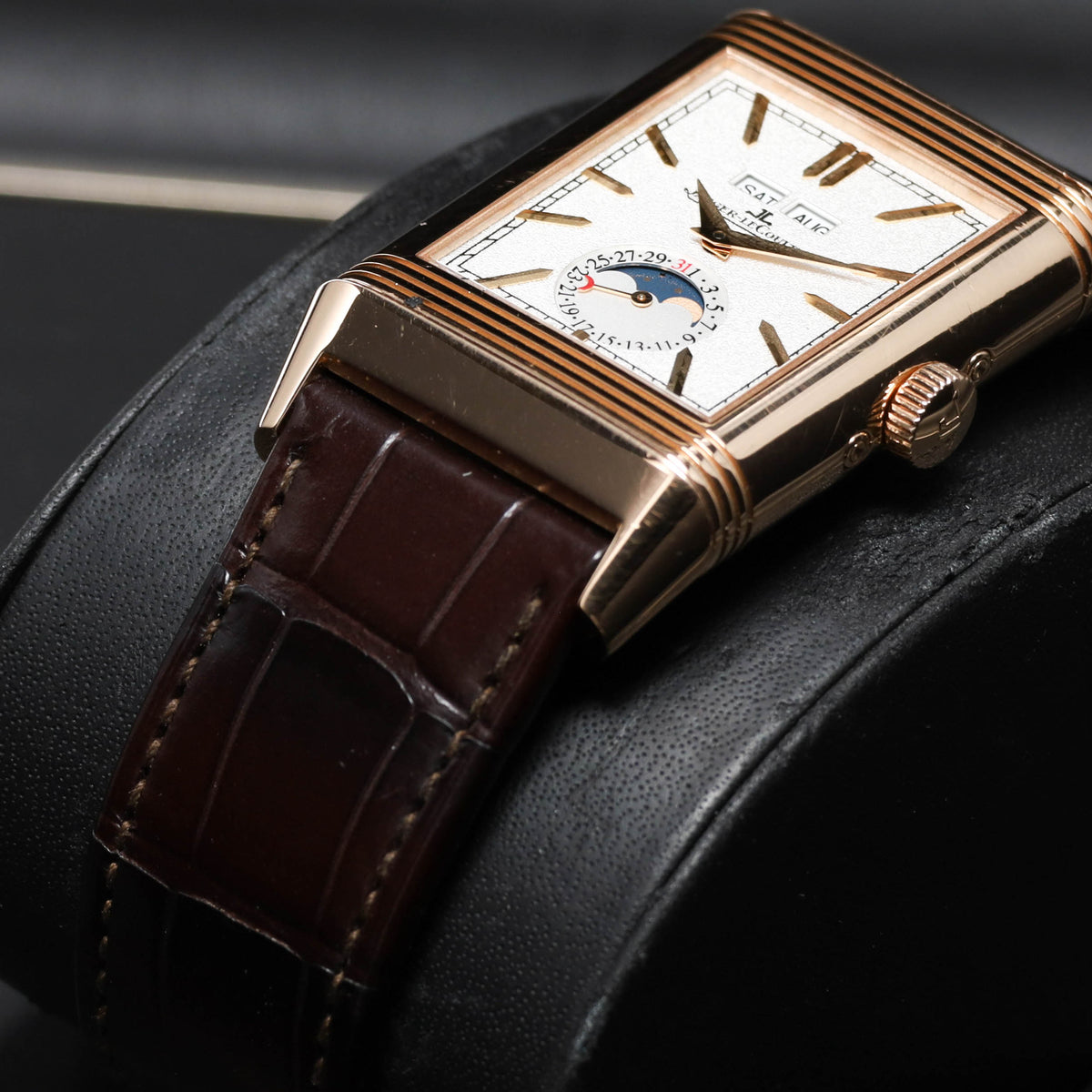 JLC Reverso 2021 Complete 49.4mm 18k Rose Gold Silvered Front Dial 18k Rose Gold Bezel Brown Alligator Leather Strap Q3912420