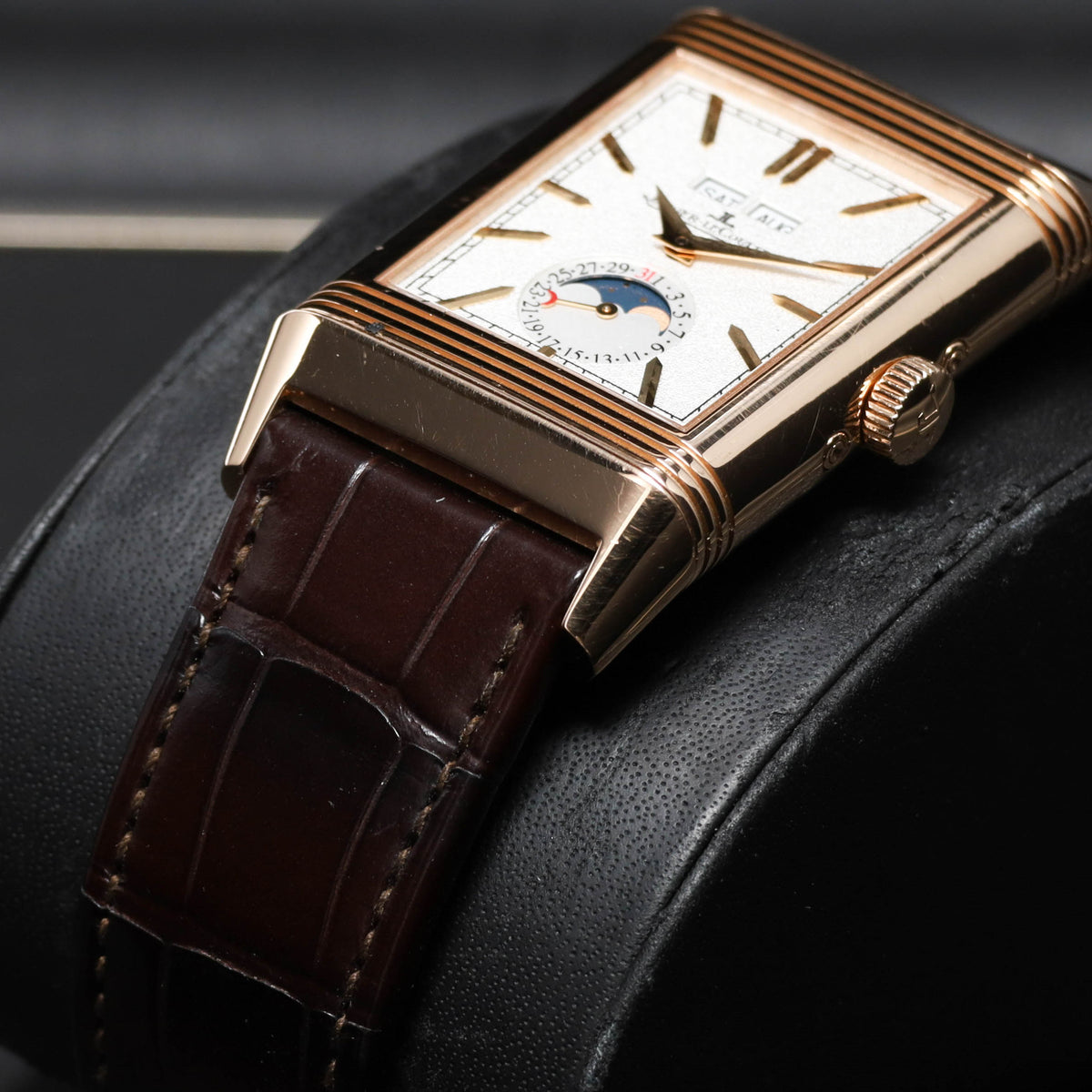 JLC Reverso 2021 Complete 49.4mm 18k Rose Gold Silvered Front Dial 18k Rose Gold Bezel Brown Alligator Leather Strap Q3912420