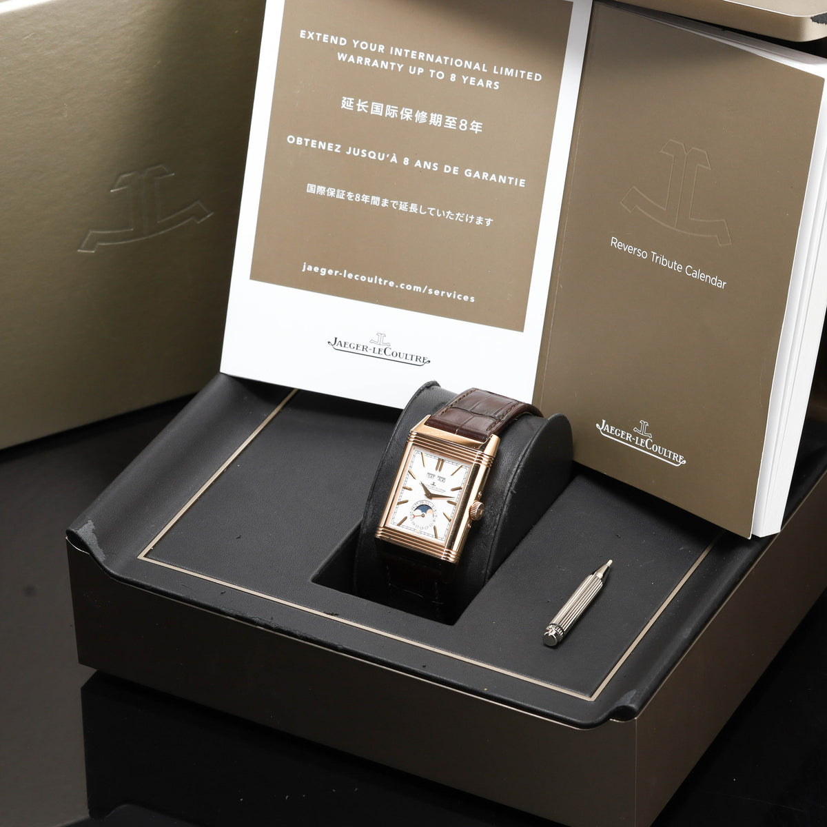 JLC Reverso 2021 Complete 49.4mm 18k Rose Gold Silvered Front Dial 18k Rose Gold Bezel Brown Alligator Leather Strap Q3912420