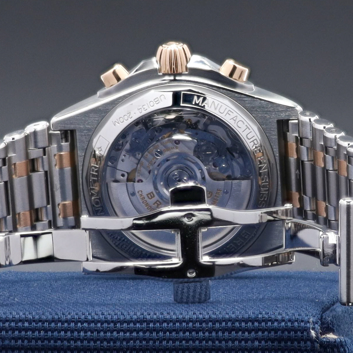 Breitling Chronomat 42mm Stainless Steel Blue Dial Rose Gold Bezel Two Tone Rouleaux Bracelet UB0134