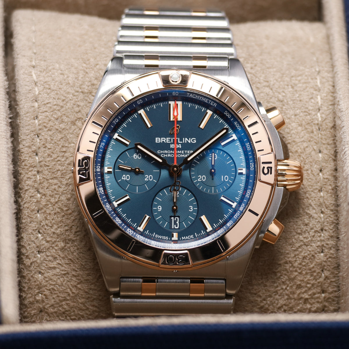Breitling Chronomat 42mm Stainless Steel Blue Dial Rose Gold Bezel Two Tone Rouleaux Bracelet UB0134