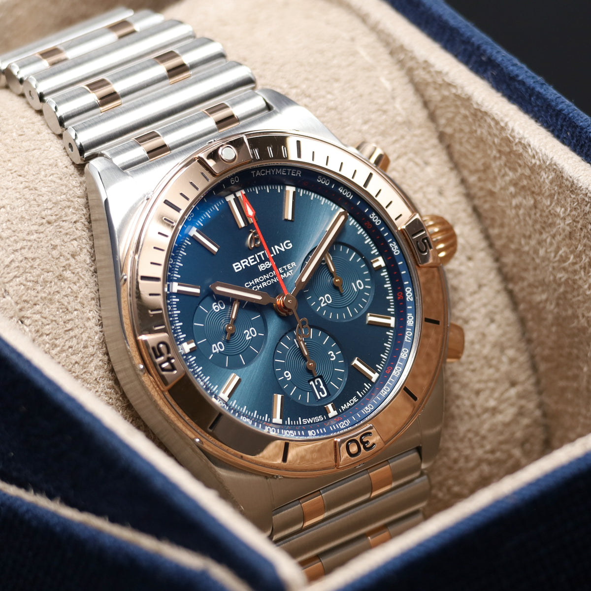 Breitling Chronomat 42mm Stainless Steel Blue Dial Rose Gold Bezel Two Tone Rouleaux Bracelet UB0134
