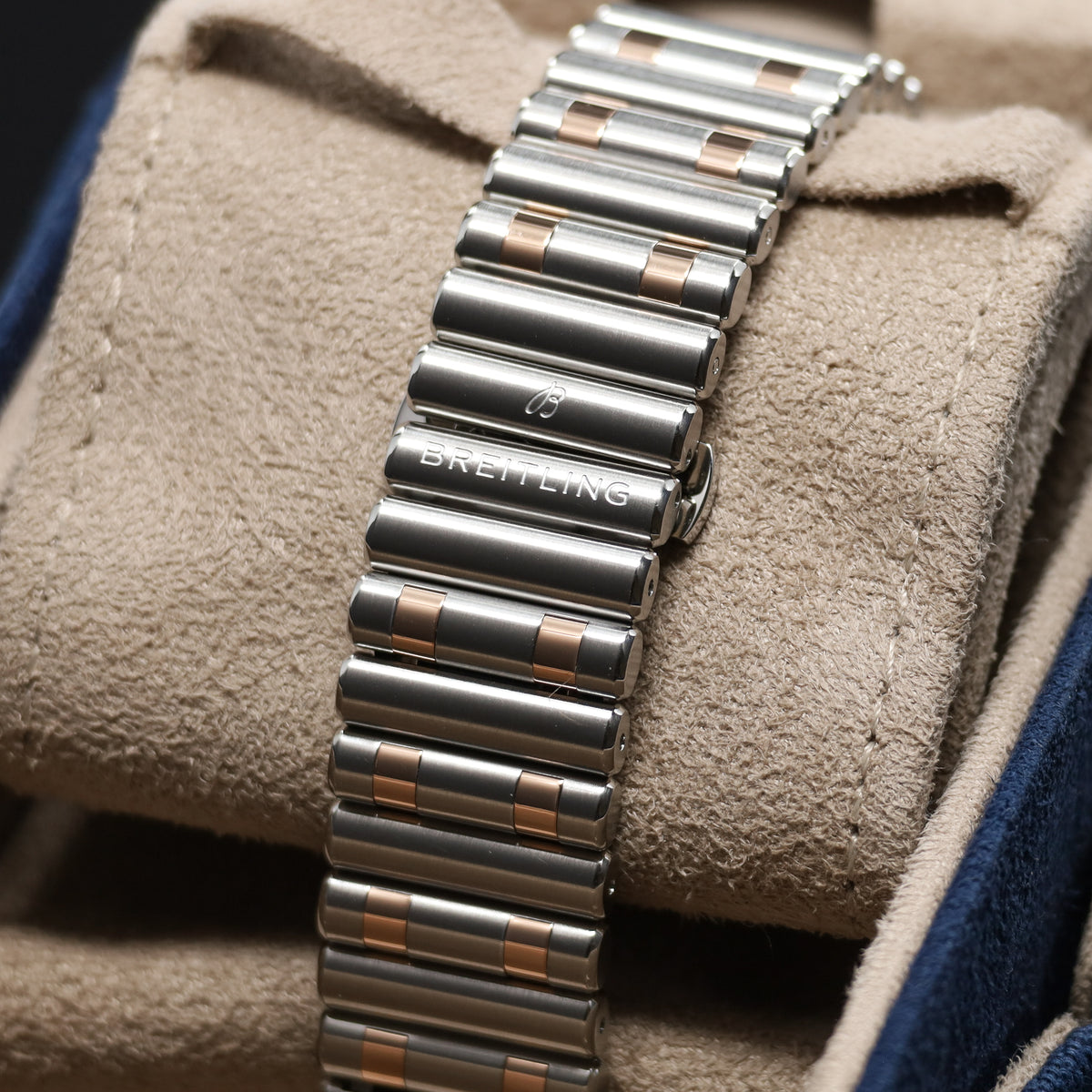 Breitling Chronomat 42mm Stainless Steel Blue Dial Rose Gold Bezel Two Tone Rouleaux Bracelet UB0134