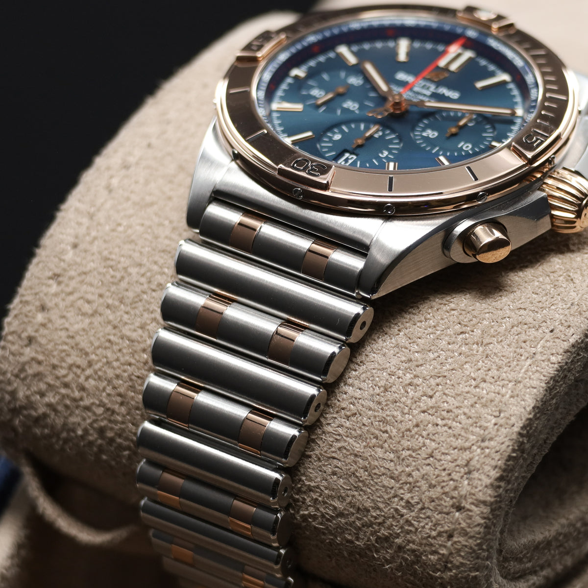 Breitling Chronomat 42mm Stainless Steel Blue Dial Rose Gold Bezel Two Tone Rouleaux Bracelet UB0134