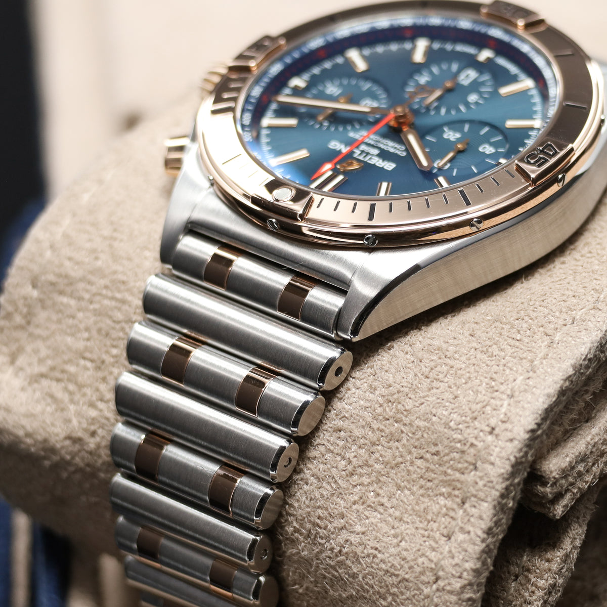 Breitling Chronomat 42mm Stainless Steel Blue Dial Rose Gold Bezel Two Tone Rouleaux Bracelet UB0134