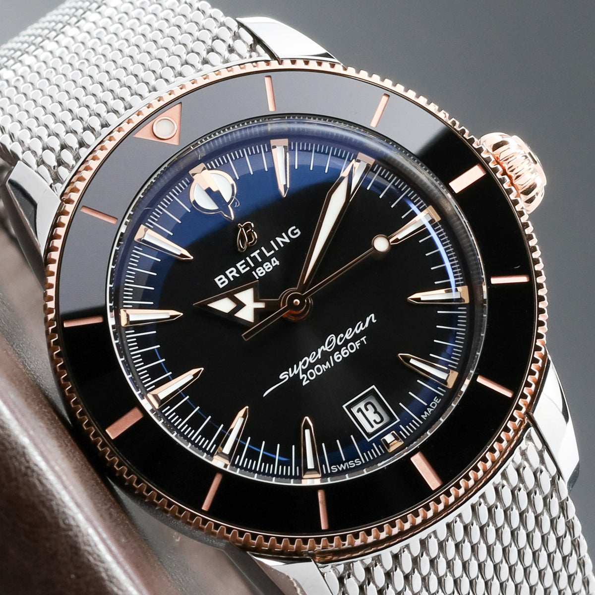 Breitling Superocean Heritage Complete 42mm Stainless Steel & 18K Rose Gold Black Dial Black Ceramic with 18K Rose Gold Bezel Stainless Steel Mesh Milanese Bracelet with Folding Clasp UB3111