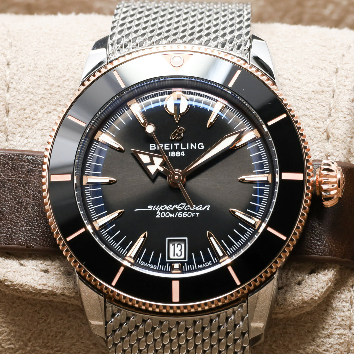 Breitling Superocean Heritage Complete 42mm Stainless Steel & 18K Rose Gold Black Dial Black Ceramic with 18K Rose Gold Bezel Stainless Steel Mesh Milanese Bracelet with Folding Clasp UB3111