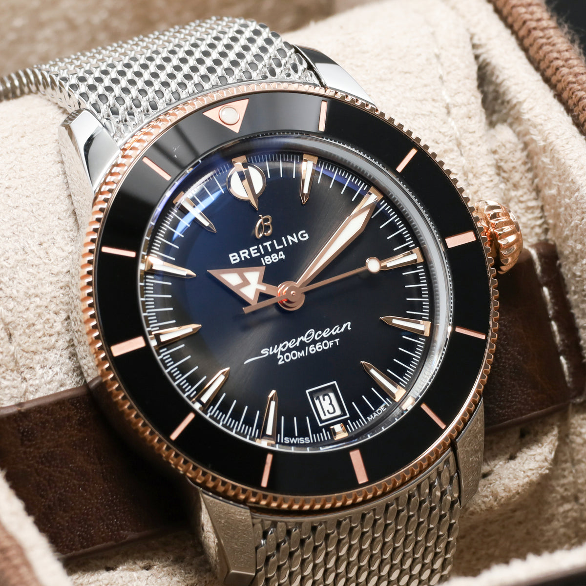 Breitling Superocean Heritage Complete 42mm Stainless Steel & 18K Rose Gold Black Dial Black Ceramic with 18K Rose Gold Bezel Stainless Steel Mesh Milanese Bracelet with Folding Clasp UB3111
