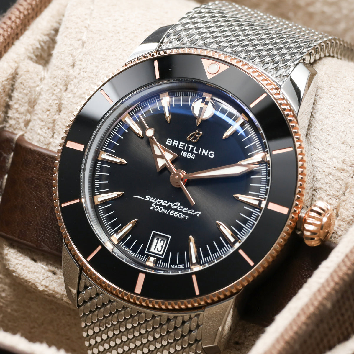 Breitling Superocean Heritage Complete 42mm Stainless Steel & 18K Rose Gold Black Dial Black Ceramic with 18K Rose Gold Bezel Stainless Steel Mesh Milanese Bracelet with Folding Clasp UB3111