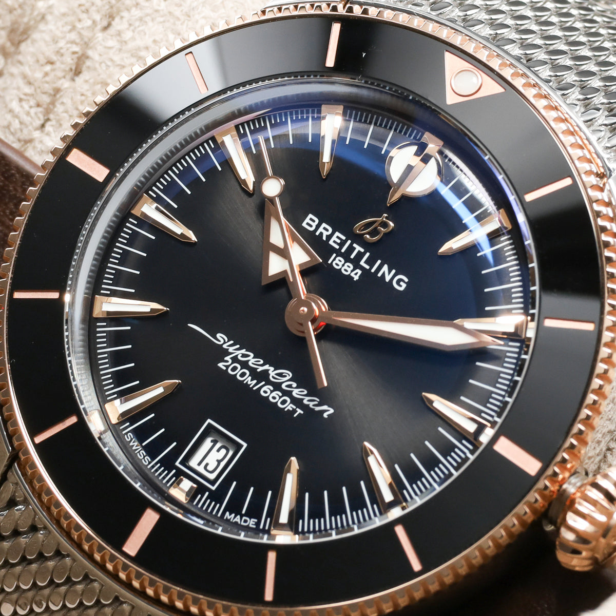 Breitling Superocean Heritage Complete 42mm Stainless Steel & 18K Rose Gold Black Dial Black Ceramic with 18K Rose Gold Bezel Stainless Steel Mesh Milanese Bracelet with Folding Clasp UB3111