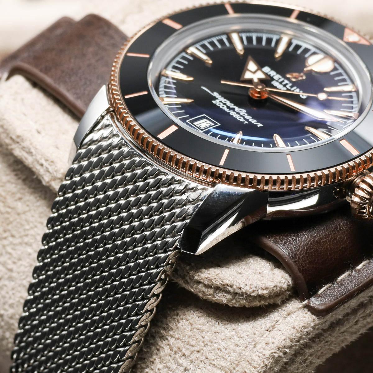 Breitling Superocean Heritage Complete 42mm Stainless Steel & 18K Rose Gold Black Dial Black Ceramic with 18K Rose Gold Bezel Stainless Steel Mesh Milanese Bracelet with Folding Clasp UB3111