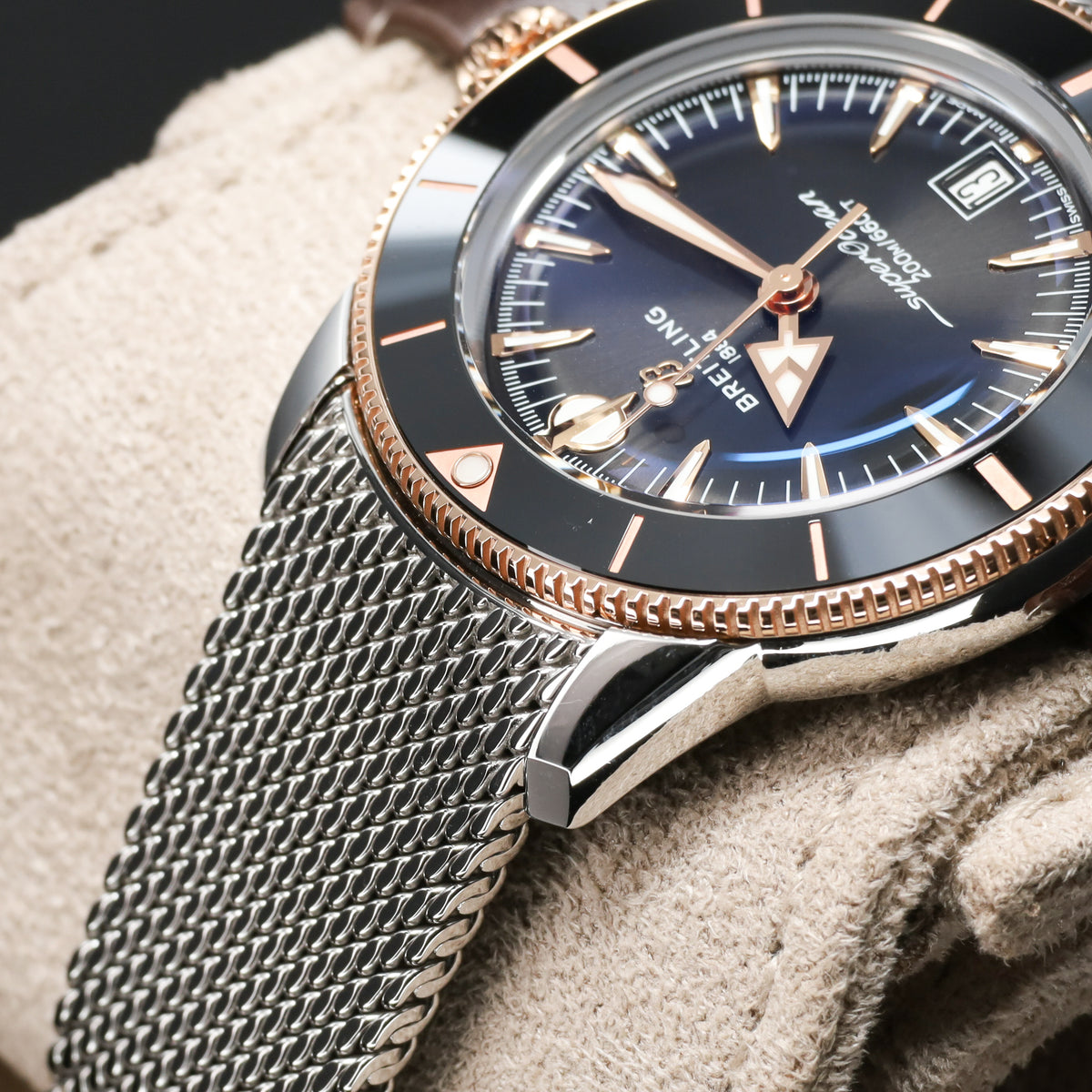 Breitling Superocean Heritage Complete 42mm Stainless Steel & 18K Rose Gold Black Dial Black Ceramic with 18K Rose Gold Bezel Stainless Steel Mesh Milanese Bracelet with Folding Clasp UB3111