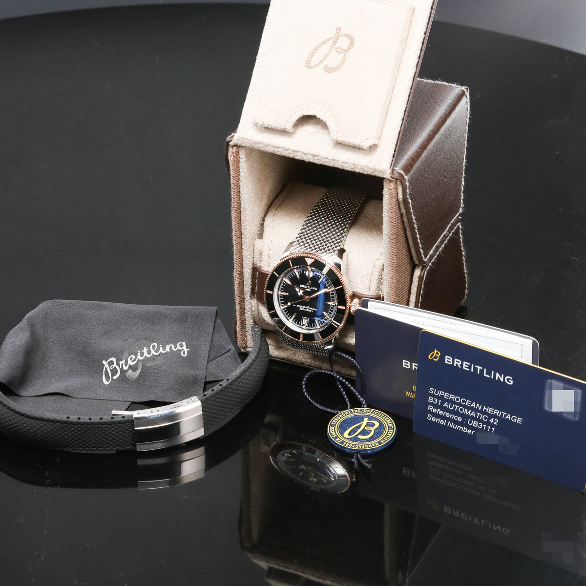 Breitling Superocean Heritage Complete 42mm Stainless Steel & 18K Rose Gold Black Dial Black Ceramic with 18K Rose Gold Bezel Stainless Steel Mesh Milanese Bracelet with Folding Clasp UB3111