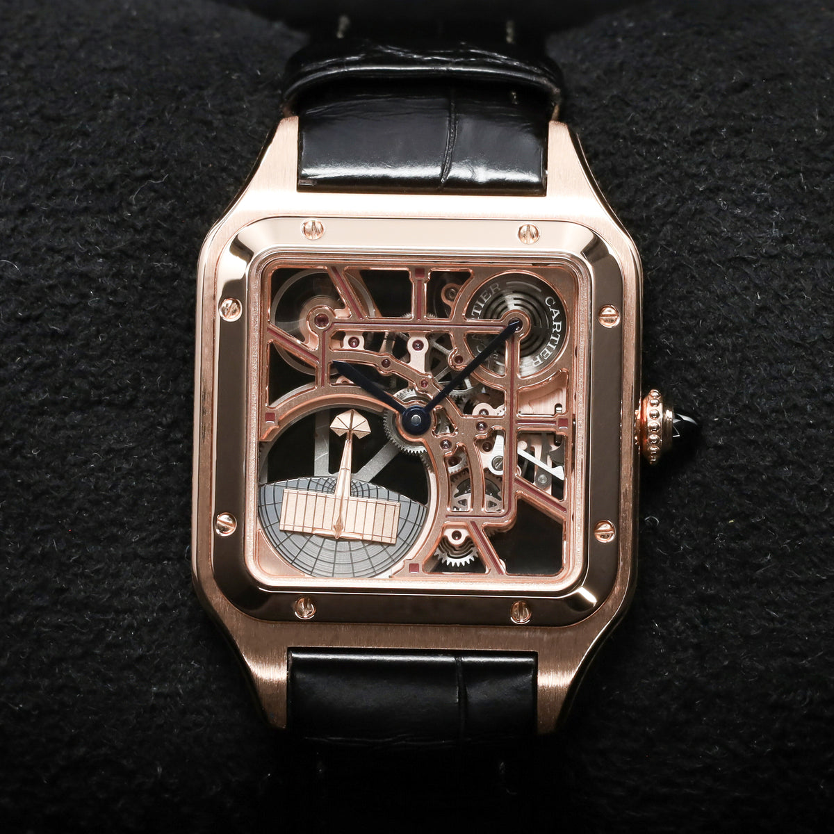 Cartier Santos Dumont 2024 Complete 31.4mm 18k Rose Gold Skeletonized with Burgundy Lacquered Bridges Dial 18k Rose Gold Bezel Burgundy Alligator Leather Strap with Additional Brown Alligator Strap WHSA0030
