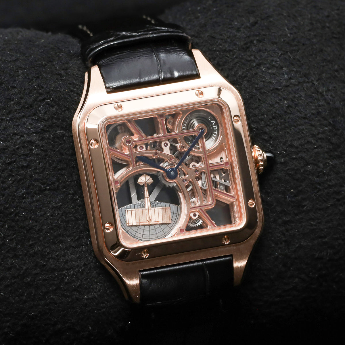 Cartier Santos Dumont 2024 Complete 31.4mm 18k Rose Gold Skeletonized with Burgundy Lacquered Bridges Dial 18k Rose Gold Bezel Burgundy Alligator Leather Strap with Additional Brown Alligator Strap WHSA0030