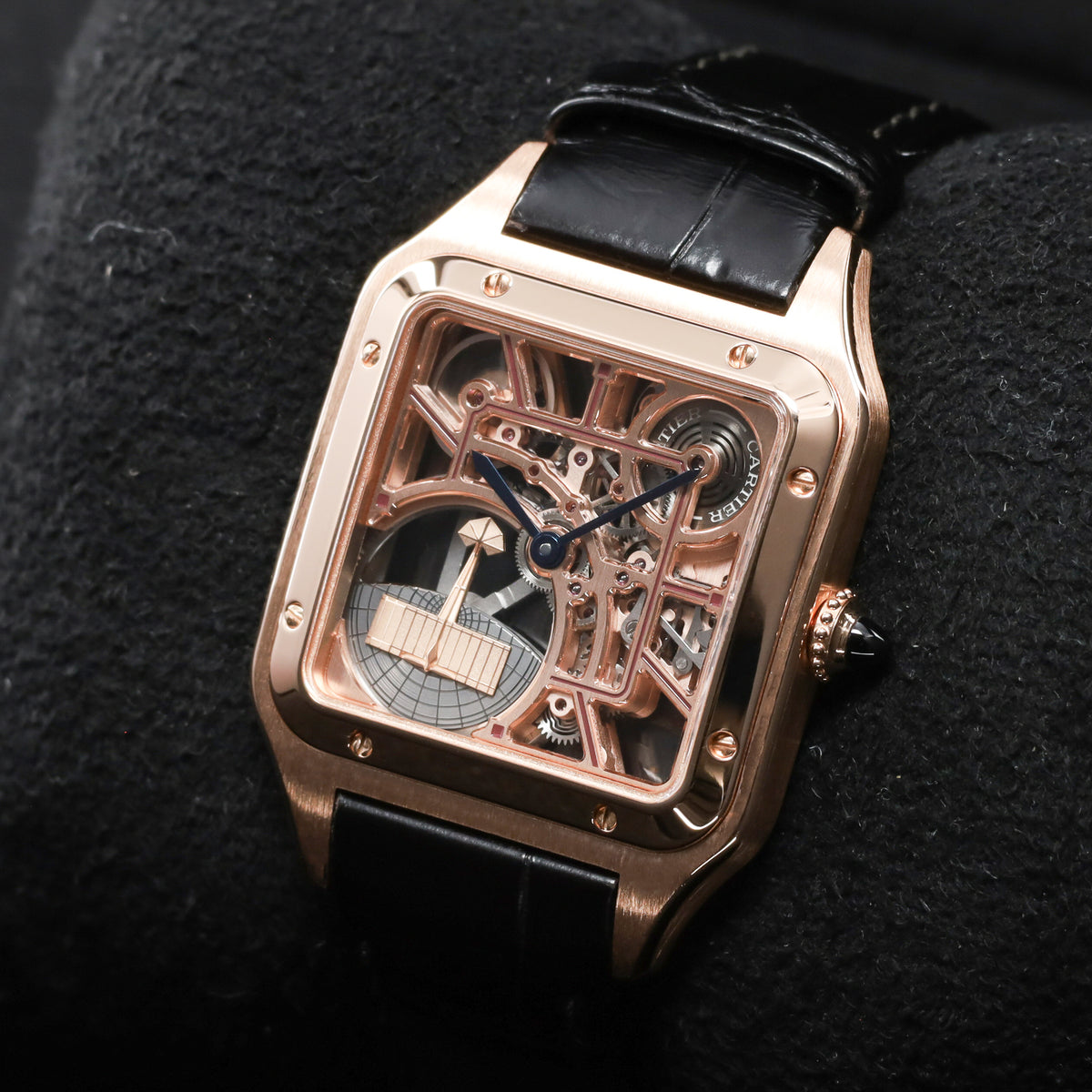 Cartier Santos Dumont 2024 Complete 31.4mm 18k Rose Gold Skeletonized with Burgundy Lacquered Bridges Dial 18k Rose Gold Bezel Burgundy Alligator Leather Strap with Additional Brown Alligator Strap WHSA0030
