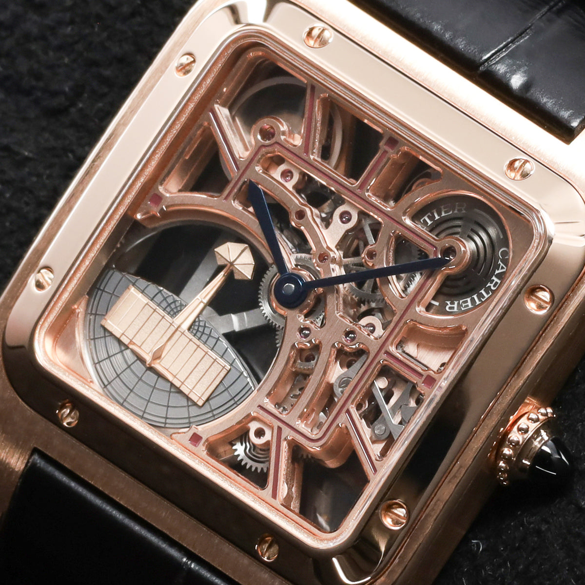 Cartier Santos Dumont 2024 Complete 31.4mm 18k Rose Gold Skeletonized with Burgundy Lacquered Bridges Dial 18k Rose Gold Bezel Burgundy Alligator Leather Strap with Additional Brown Alligator Strap WHSA0030