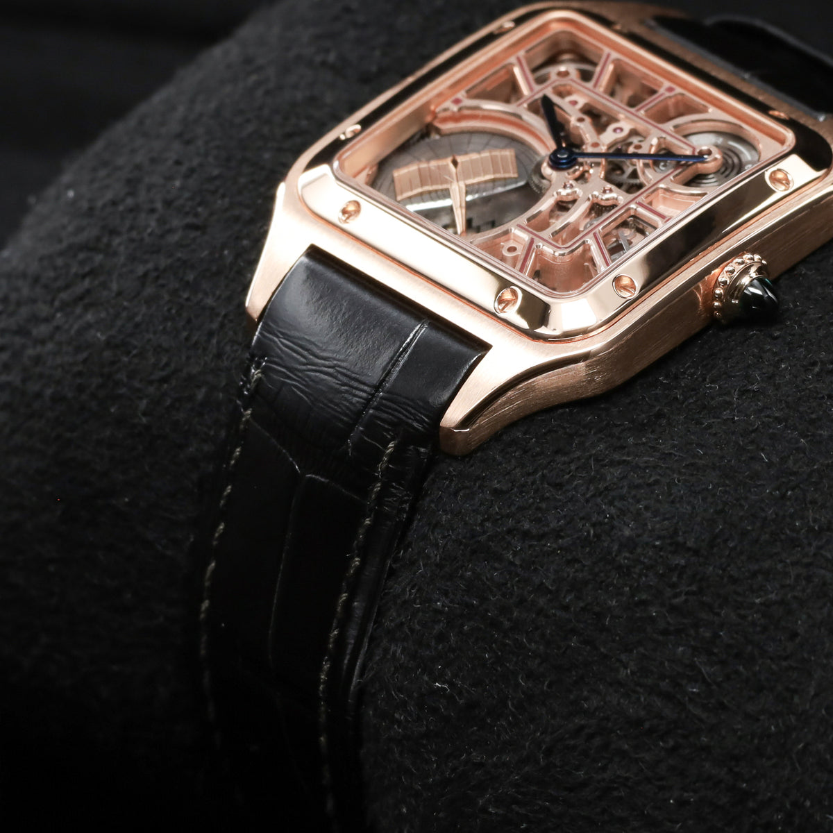 Cartier Santos Dumont 2024 Complete 31.4mm 18k Rose Gold Skeletonized with Burgundy Lacquered Bridges Dial 18k Rose Gold Bezel Burgundy Alligator Leather Strap with Additional Brown Alligator Strap WHSA0030