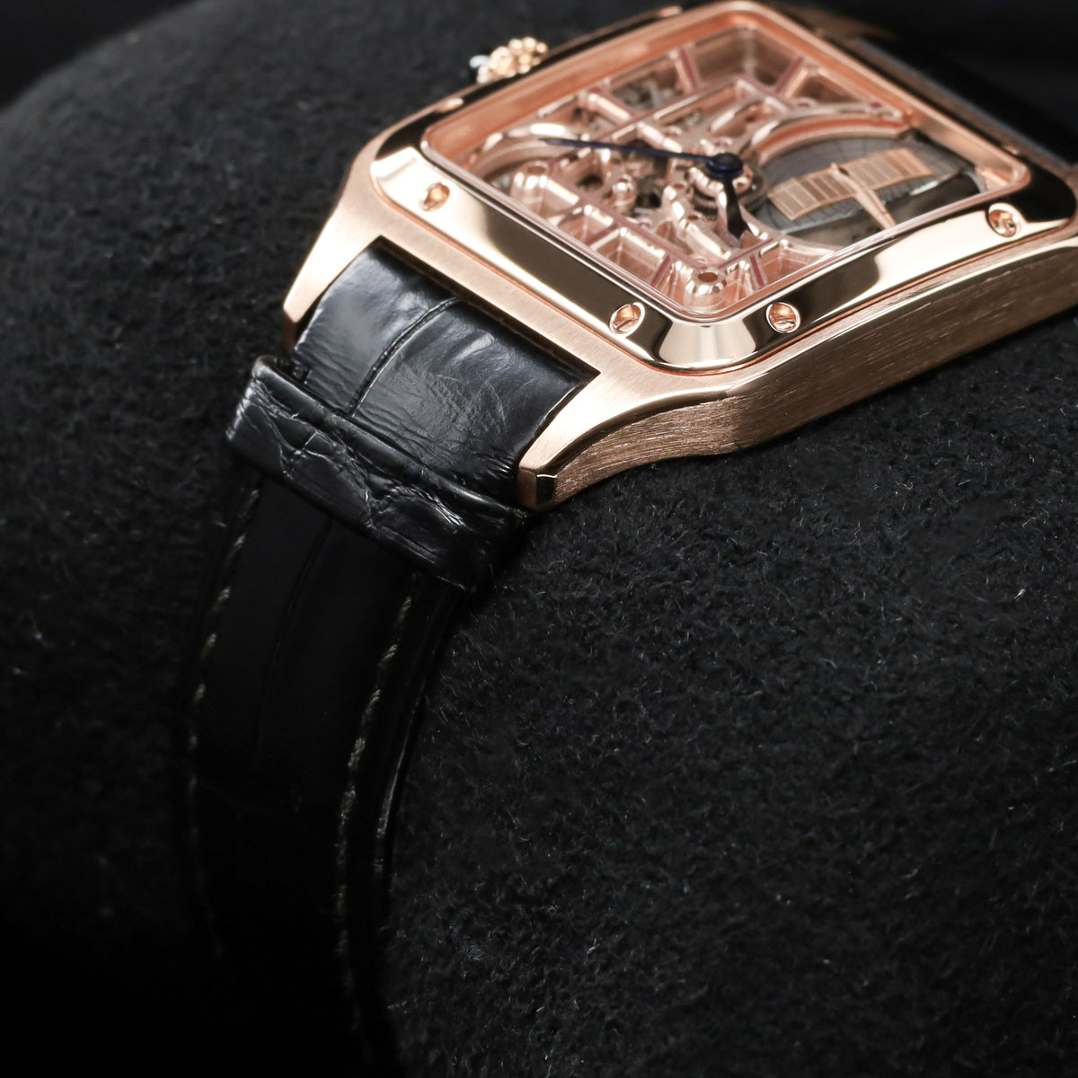 Cartier Santos Dumont 2024 Complete 31.4mm 18k Rose Gold Skeletonized with Burgundy Lacquered Bridges Dial 18k Rose Gold Bezel Burgundy Alligator Leather Strap with Additional Brown Alligator Strap WHSA0030