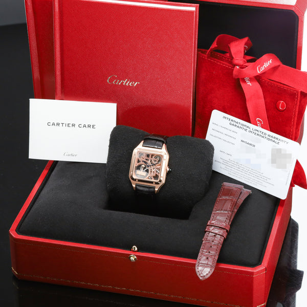 Cartier Santos Dumont 2024 Complete 31.4mm 18k Rose Gold Skeletonized with Burgundy Lacquered Bridges Dial 18k Rose Gold Bezel Burgundy Alligator Leather Strap with Additional Brown Alligator Strap WHSA0030
