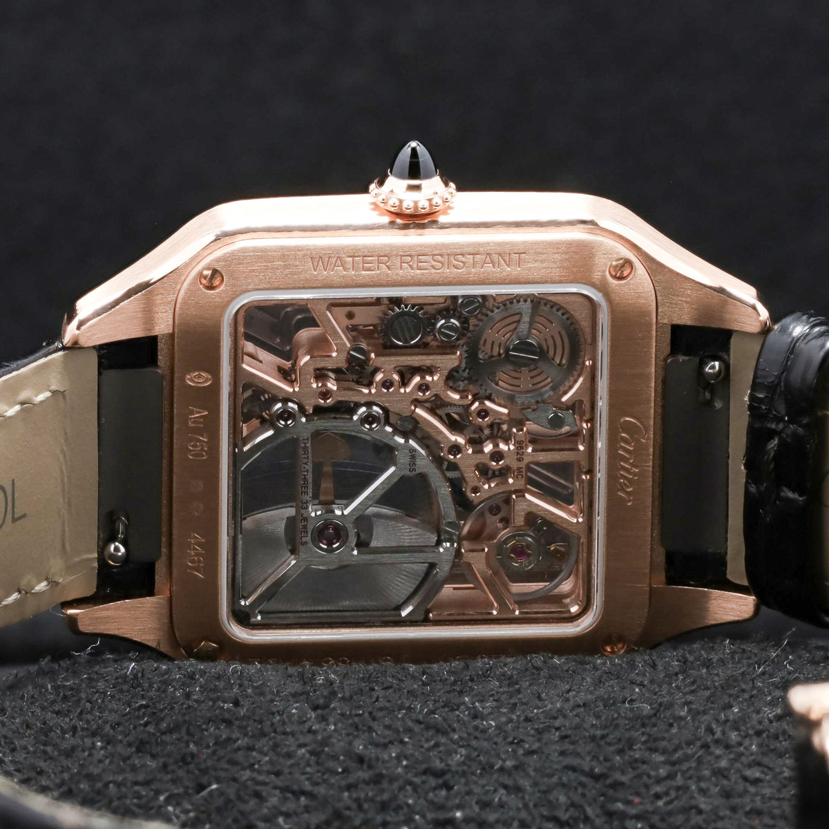 Cartier Santos Dumont 2024 Complete 31.4mm 18k Rose Gold Skeletonized with Burgundy Lacquered Bridges Dial 18k Rose Gold Bezel Burgundy Alligator Leather Strap with Additional Brown Alligator Strap WHSA0030