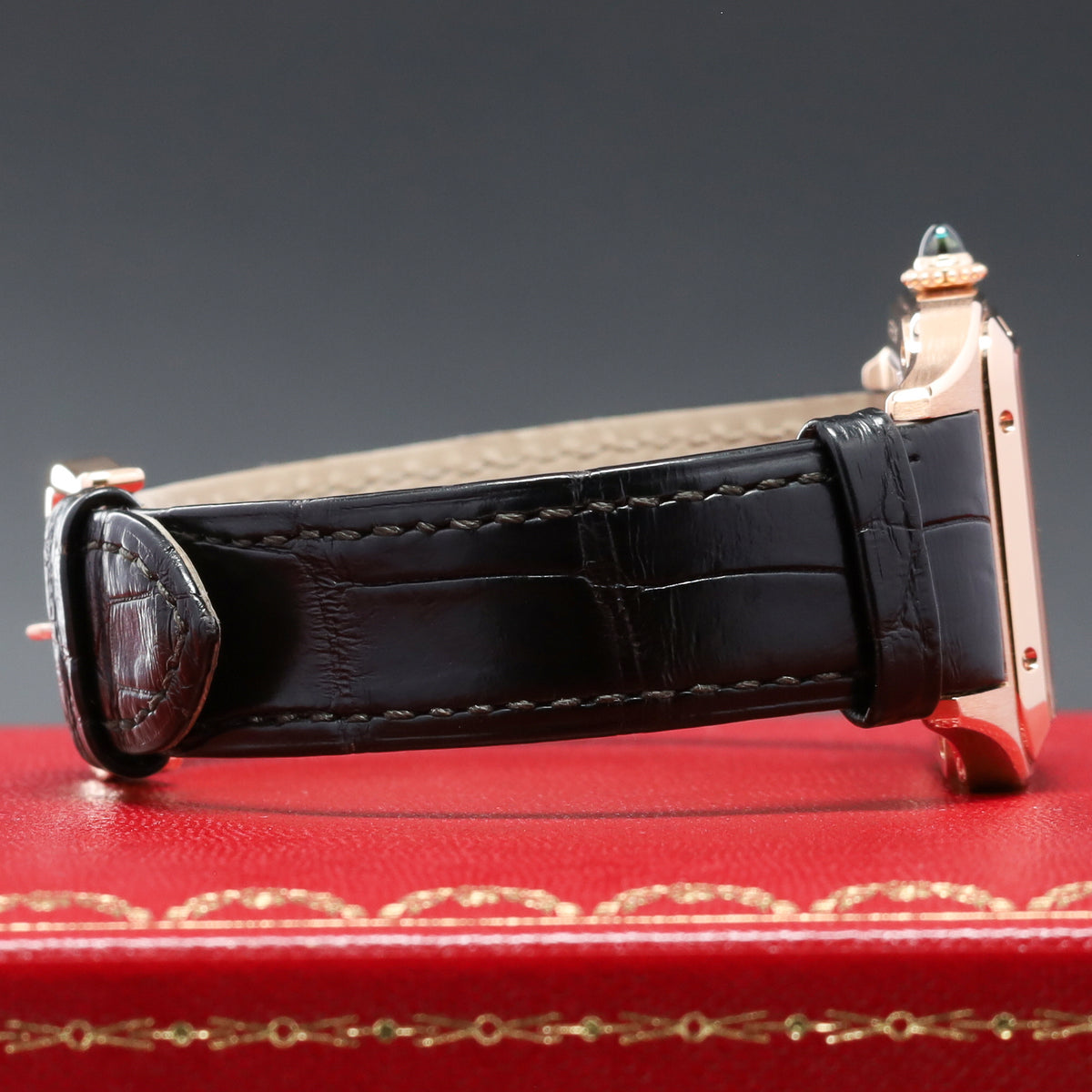Cartier Santos Dumont 2024 Complete 31.4mm 18k Rose Gold Skeletonized with Burgundy Lacquered Bridges Dial 18k Rose Gold Bezel Burgundy Alligator Leather Strap with Additional Brown Alligator Strap WHSA0030