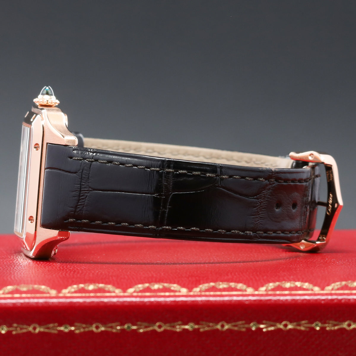 Cartier Santos Dumont 2024 Complete 31.4mm 18k Rose Gold Skeletonized with Burgundy Lacquered Bridges Dial 18k Rose Gold Bezel Burgundy Alligator Leather Strap with Additional Brown Alligator Strap WHSA0030