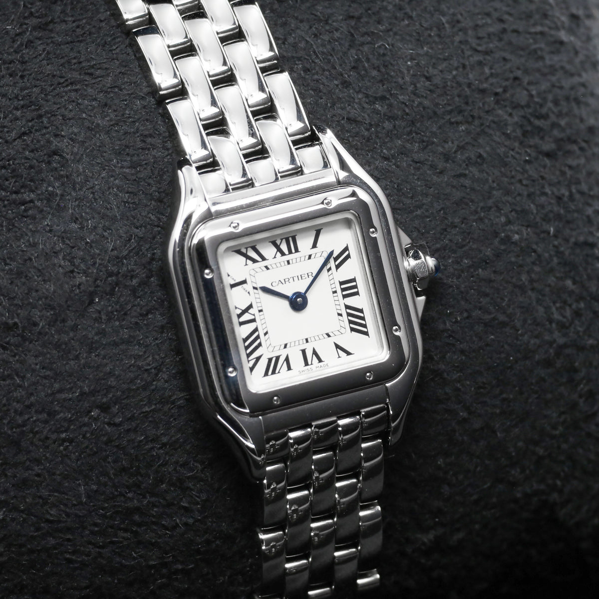 Cartier Panthere Complete 22mm Stainless Steel Silver / White with Roman Numerals Dial Stainless Steel Smooth Bezel Stainless Steel Integrated Bracelet with Folding Clasp WSPN0006