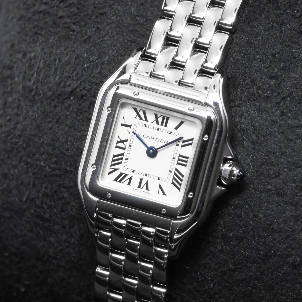 Cartier Panthere Complete 22mm Stainless Steel Silver / White with Roman Numerals Dial Stainless Steel Smooth Bezel Stainless Steel Integrated Bracelet with Folding Clasp WSPN0006