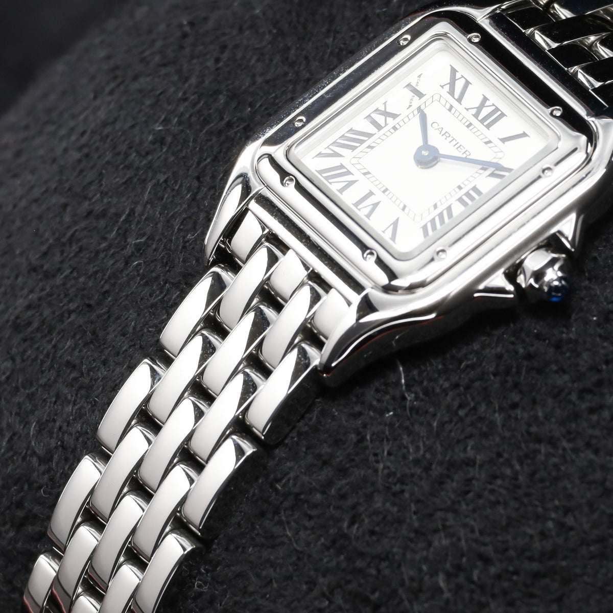 Cartier Panthere Complete 22mm Stainless Steel Silver / White with Roman Numerals Dial Stainless Steel Smooth Bezel Stainless Steel Integrated Bracelet with Folding Clasp WSPN0006