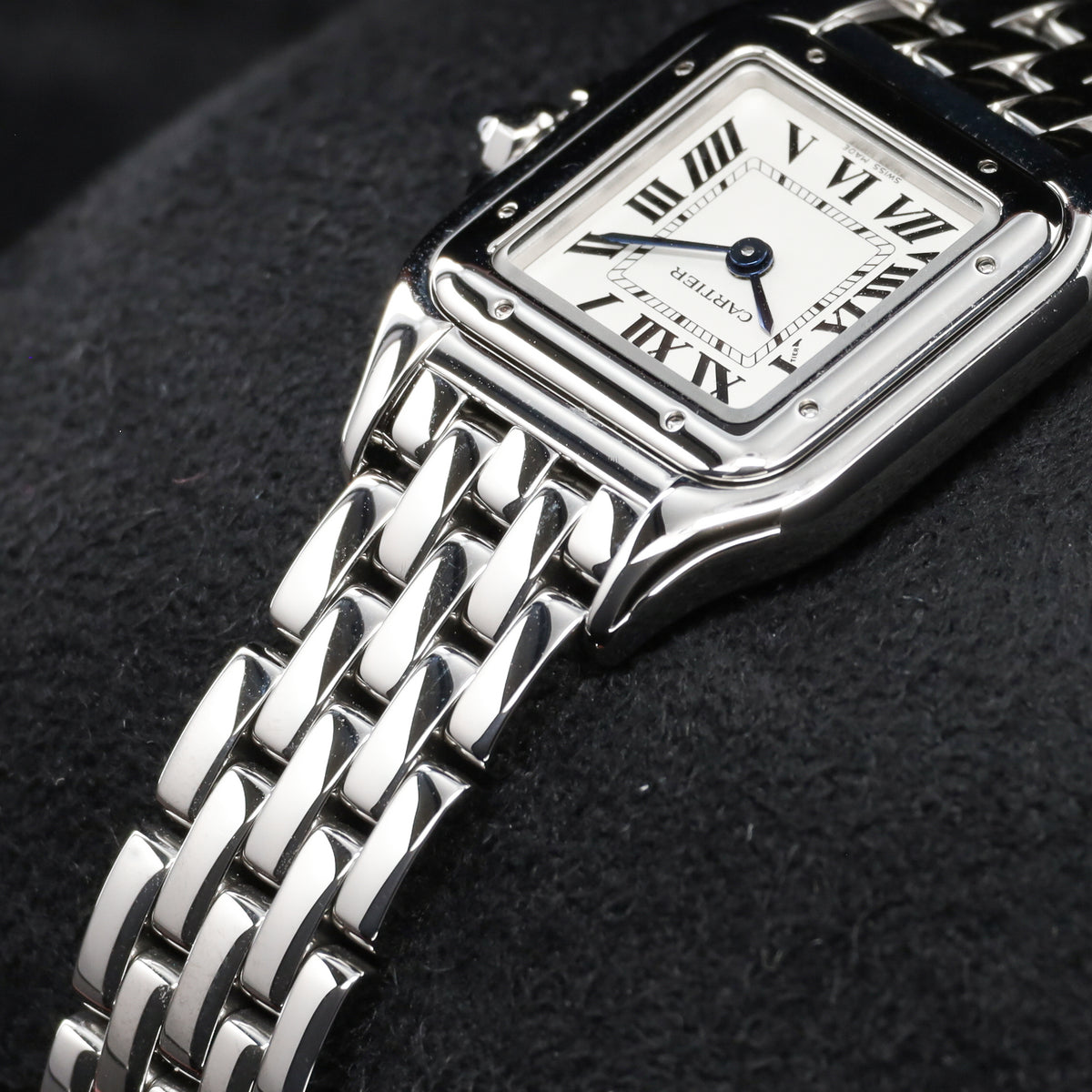Cartier Panthere Complete 22mm Stainless Steel Silver / White with Roman Numerals Dial Stainless Steel Smooth Bezel Stainless Steel Integrated Bracelet with Folding Clasp WSPN0006