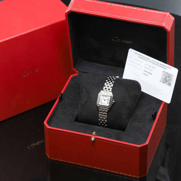 Cartier Panthere Complete 22mm Stainless Steel Silver / White with Roman Numerals Dial Stainless Steel Smooth Bezel Stainless Steel Integrated Bracelet with Folding Clasp WSPN0006