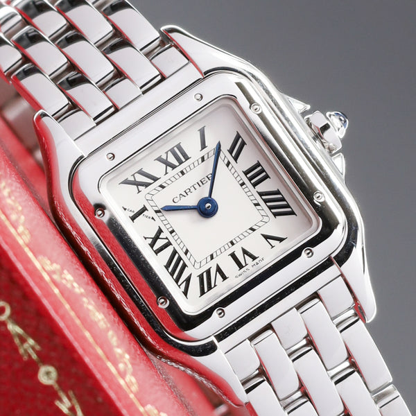 Cartier Panthere Complete 22mm Stainless Steel Silver / White with Roman Numerals Dial Stainless Steel Smooth Bezel Stainless Steel Integrated Bracelet with Folding Clasp WSPN0006