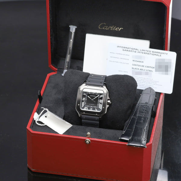 Cartier Santos De Cartier 2026 Complete 39.8mm Steel and ADLC Black Dial Black ADLC Bezel Black Rubber Strap with Additional Black Alligator Leather Strap WSSA0039